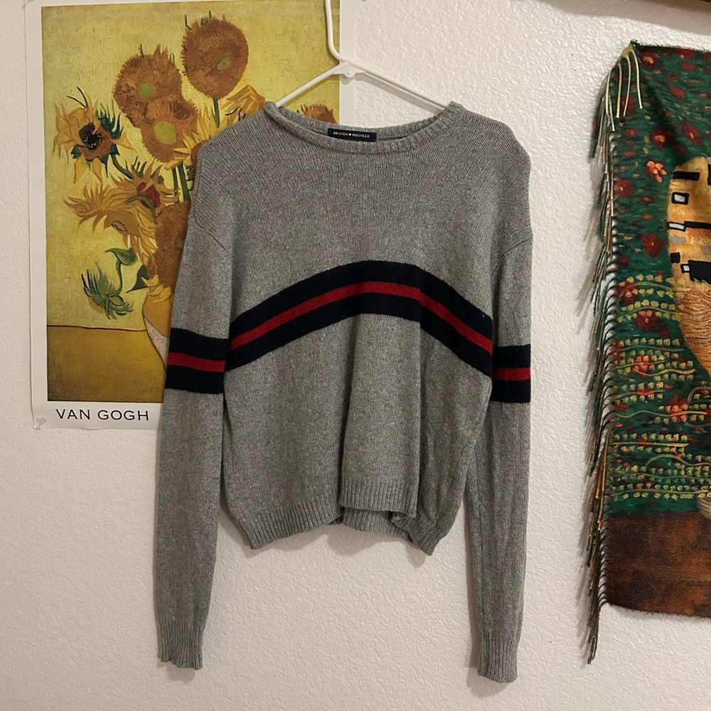 Brandy Melville Gray Sweater with Black and Red Stripes